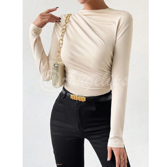 Ruched Asymmetric Beige Long Sleeve Bodysuit Slim Fit - Picture 6 of 8